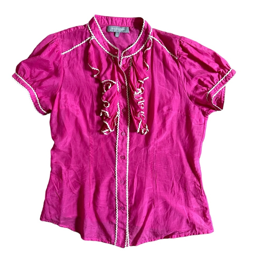 MM Couture Miss Me Womens Size Large Ruffle Blouse Button Down Fushia